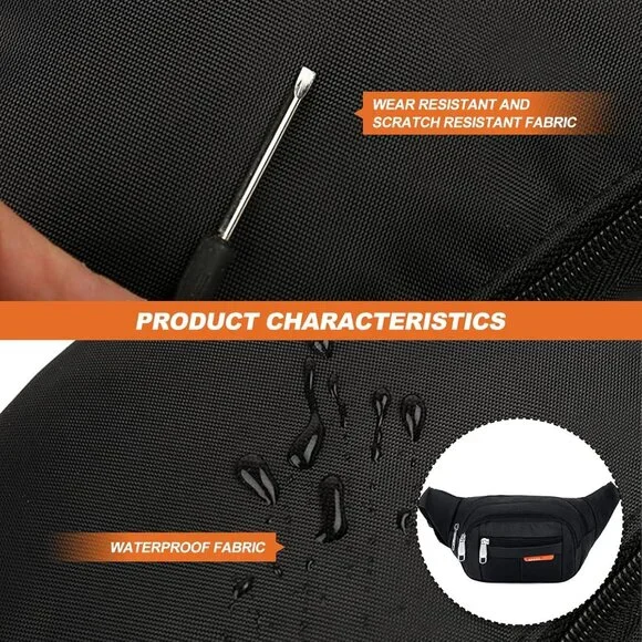 Fanny Pack,Black Belt Crossbody Bag for Men /women Waist Pack with 4 Zipper Pock - Picture 7 of 9